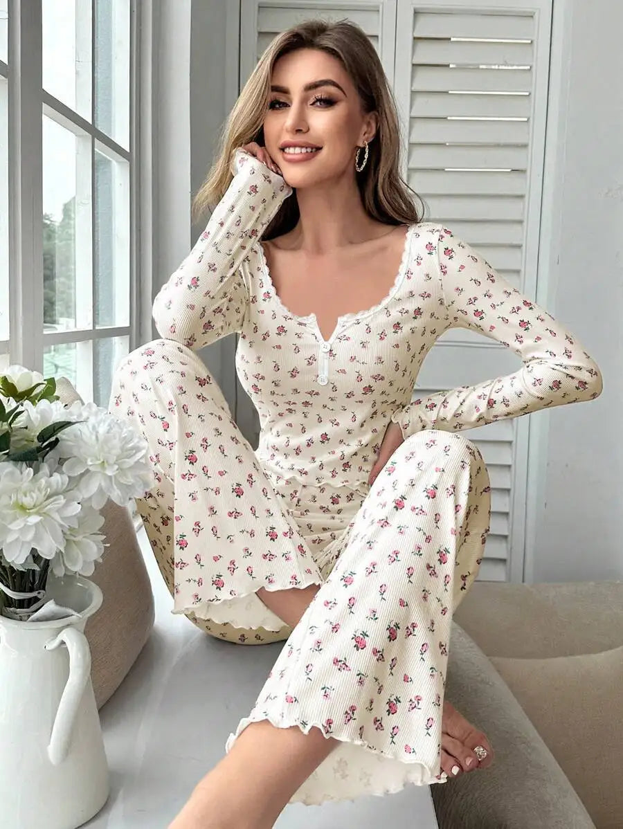 Women Floral Print Pajama Set, Long Sleeve