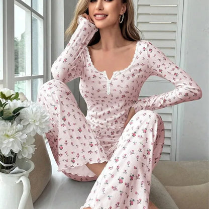 Women Floral Print Pajama Set, Long Sleeve