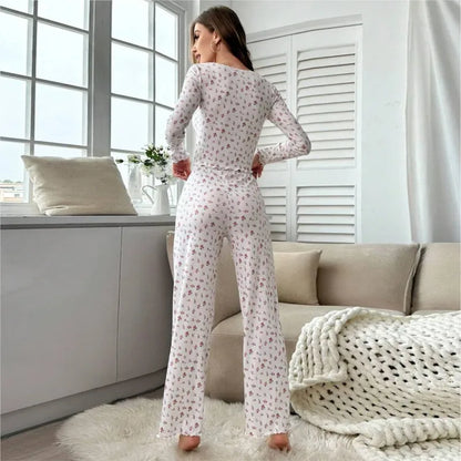 Women Floral Print Pajama Set, Long Sleeve