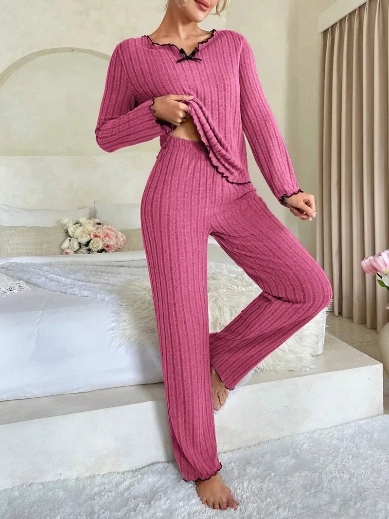 Women's Ribbed Long Sleeve Pajamas Set