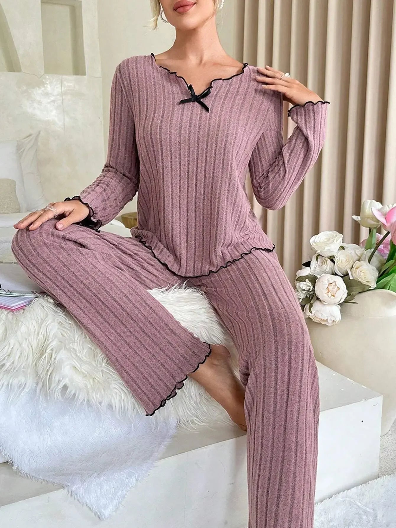 Women's Ribbed Long Sleeve Pajamas Set