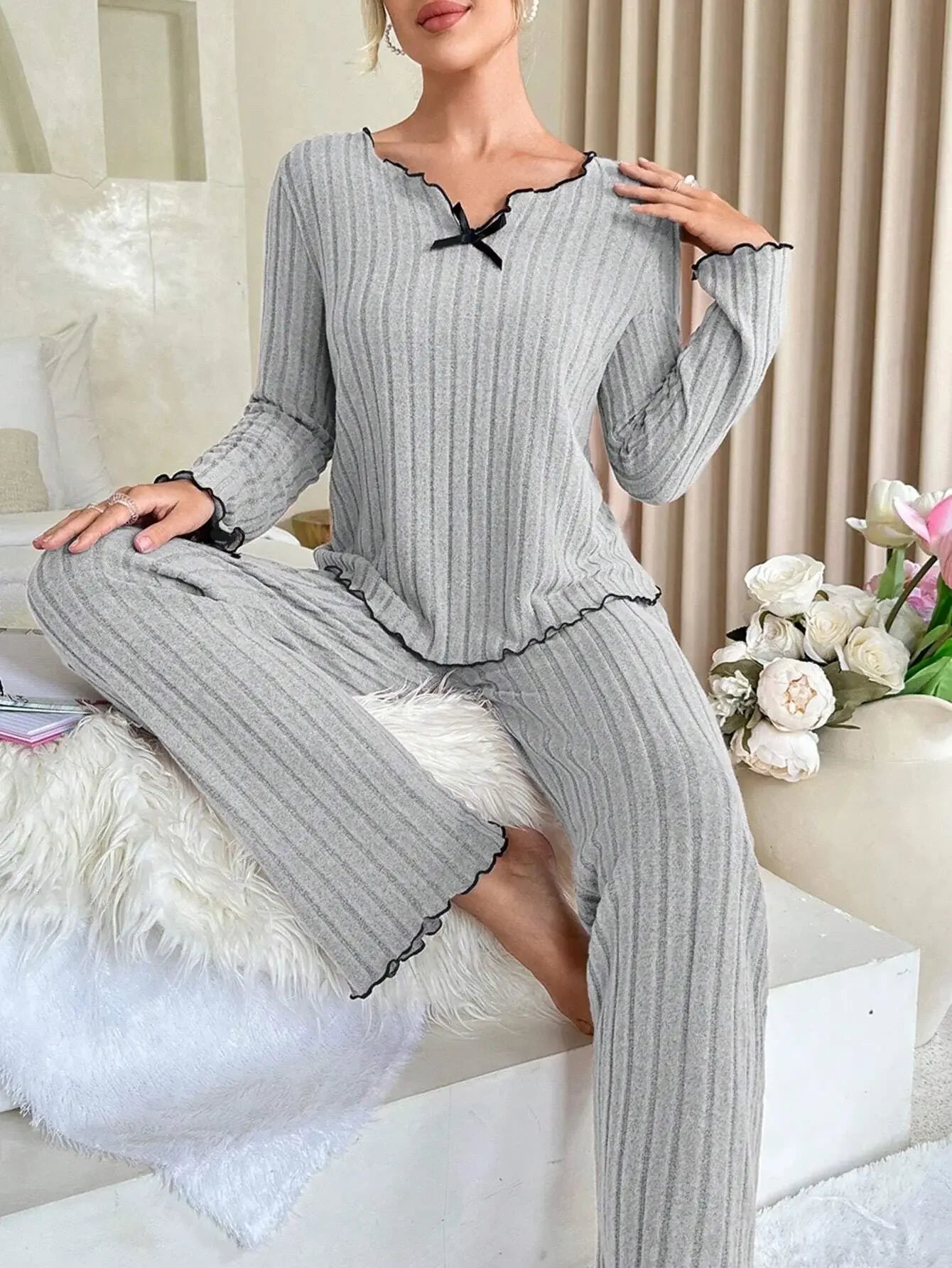 Women's Ribbed Long Sleeve Pajamas Set