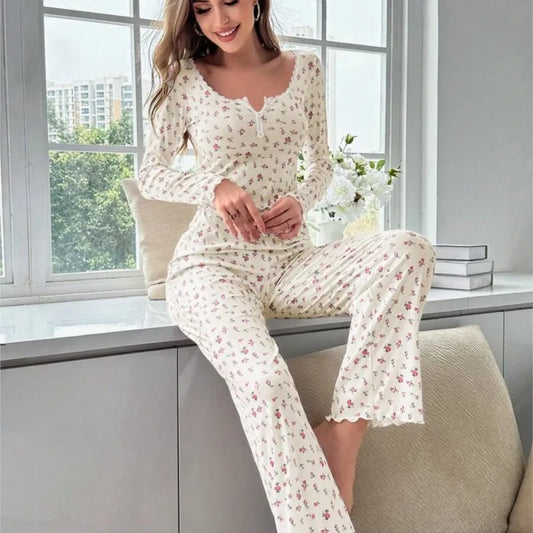 Women Floral Print Pajama Set, Long Sleeve