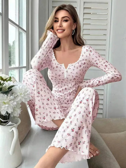 Women Floral Print Pajama Set, Long Sleeve