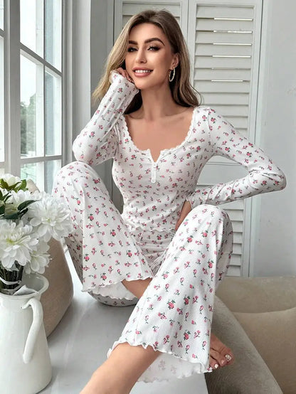 Women Floral Print Pajama Set, Long Sleeve