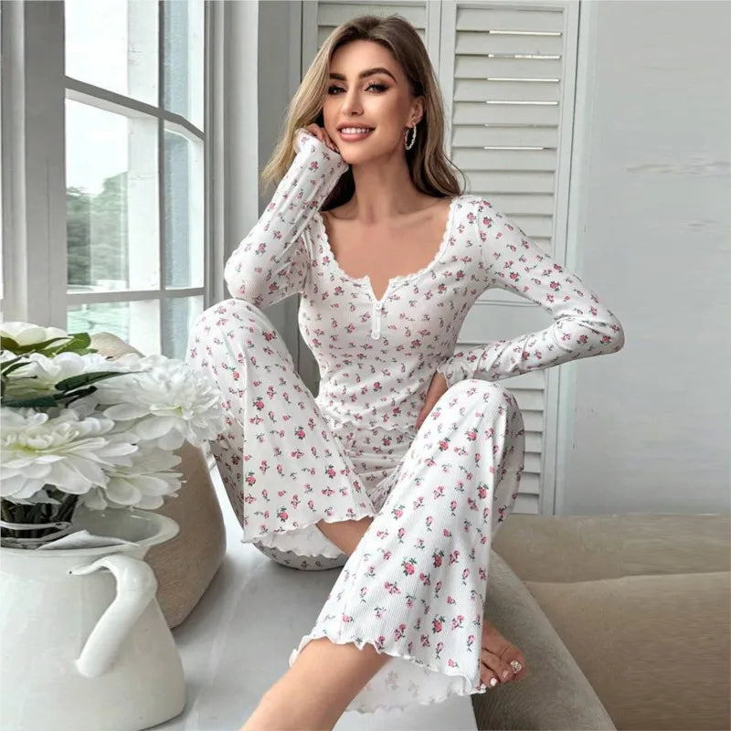 Women Floral Print Pajama Set, Long Sleeve