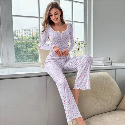 Women Floral Print Pajama Set, Long Sleeve